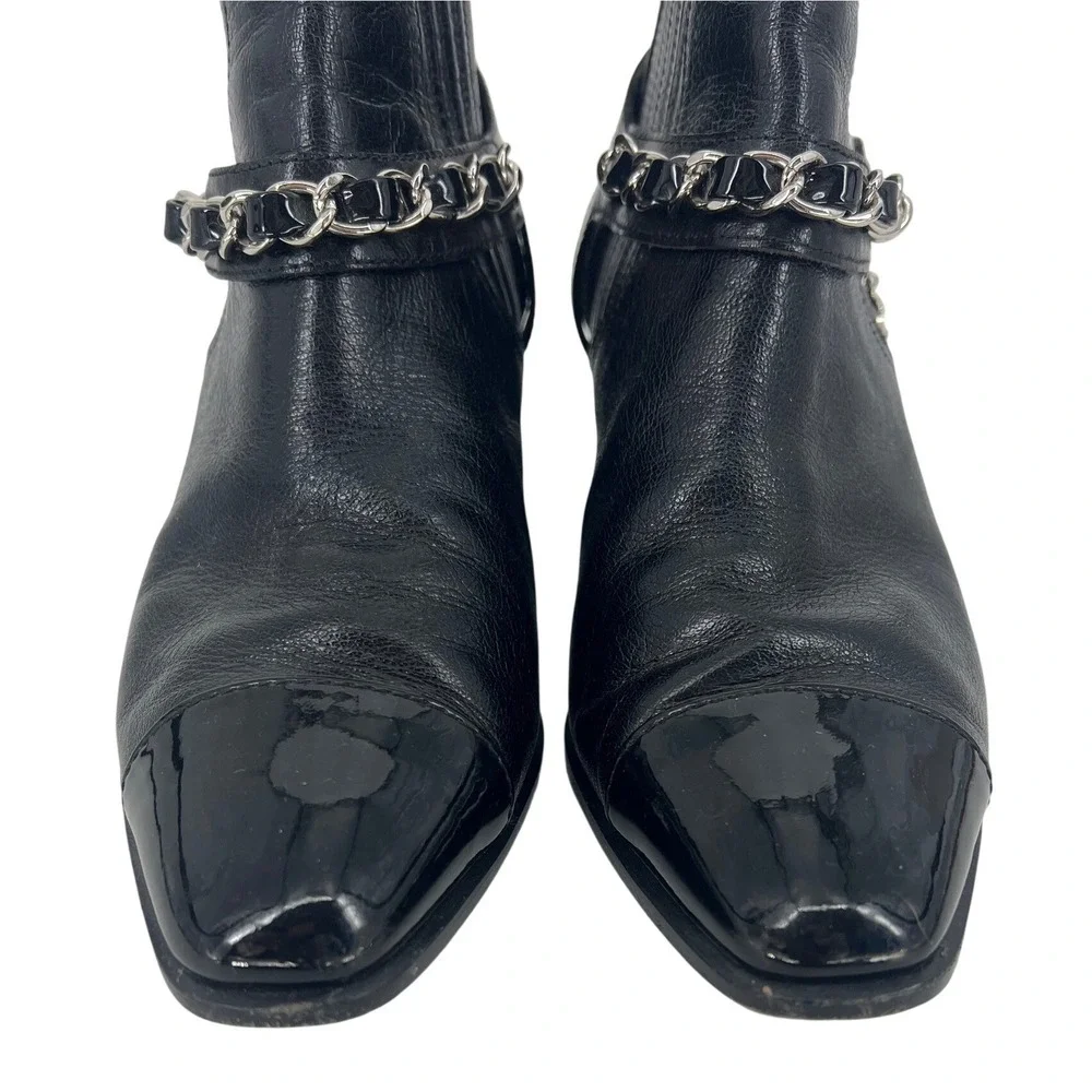 Chanel Interlocking CC Logo Patent Cap Toe Leather Chelsea Boots Black Size 38.5